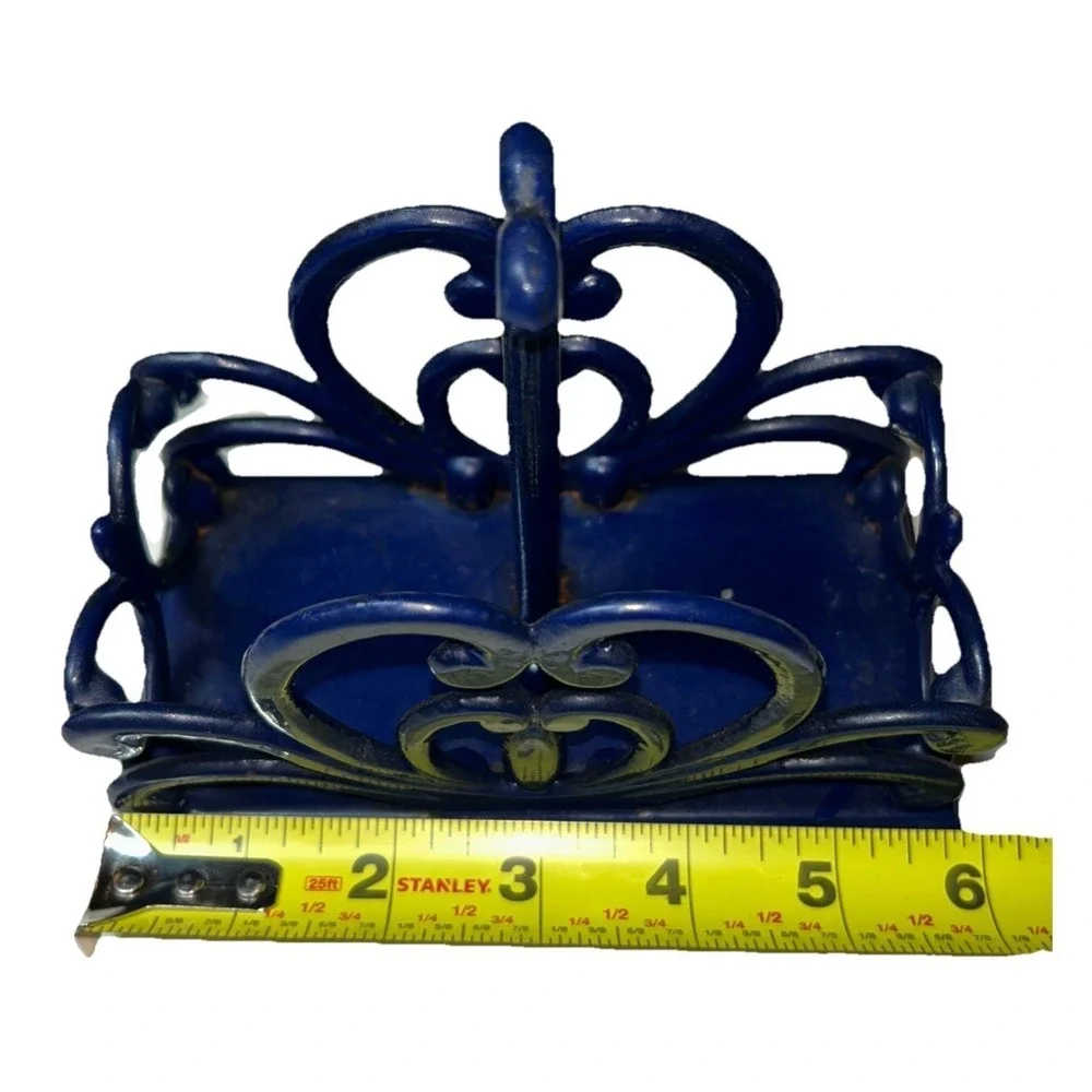 Cast Iron Enamel Napkin S&P Holder Cobalt Blue Scroll Country Farmhouse Cottage
